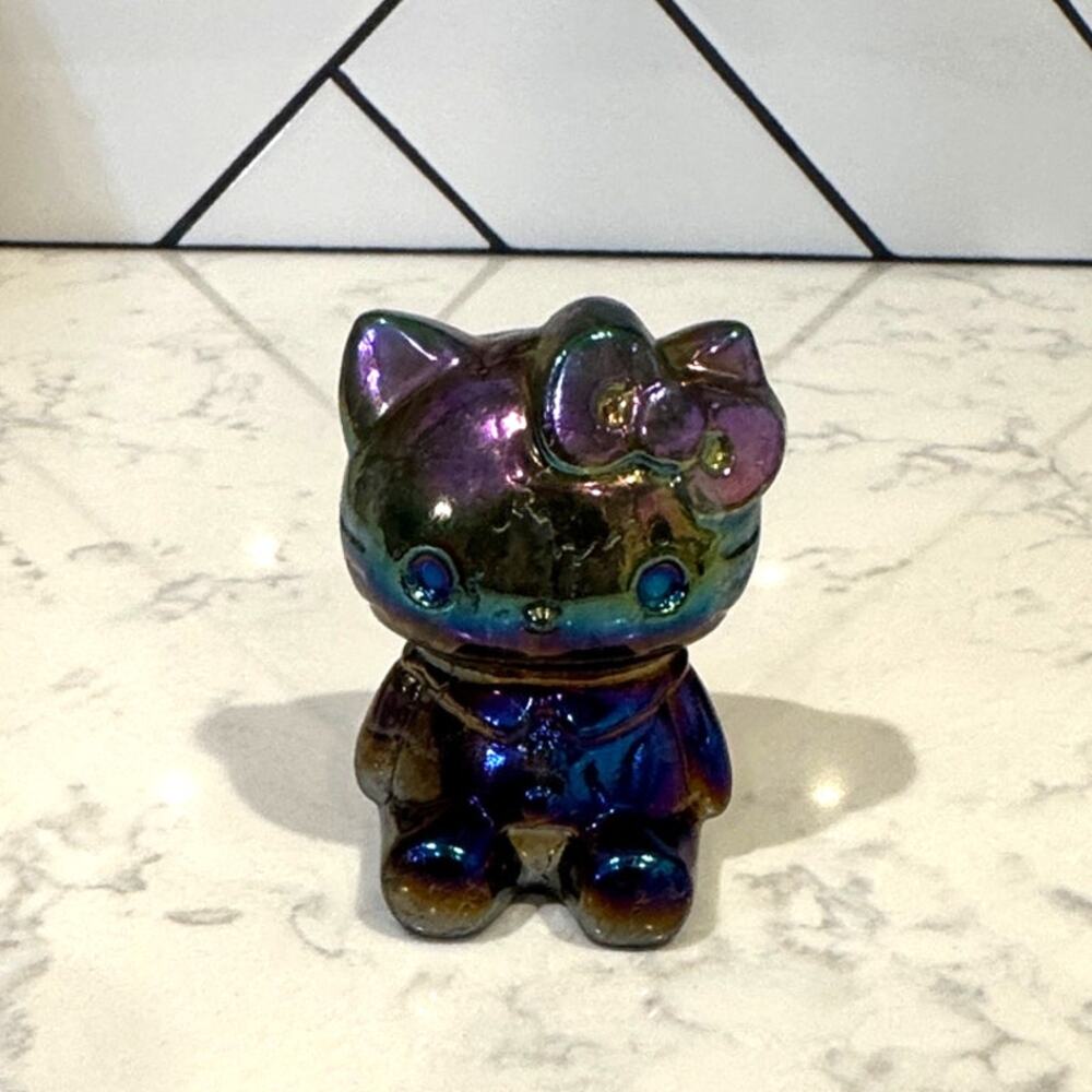 Titanium Rainbow Aura Hello Kitty carving made from natural obsidian
